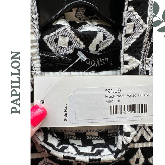 Papillon Mock Neck Aztec Print Pullover Black Cream Long Sleeve Size Medium - Picture 8 of 8